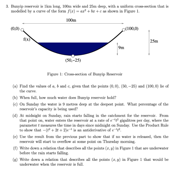 3. Bunyip reservoir is 1km long, 100m wide and 25m deep, with a uniform cross-section that is modelled by a curve of the form