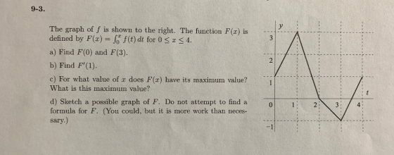 9-3. The graph of f is shown to the right. The function F(x) is defined by F(z) = f0 f(t) dt for 0 < x < 4. a) Find F(0) and