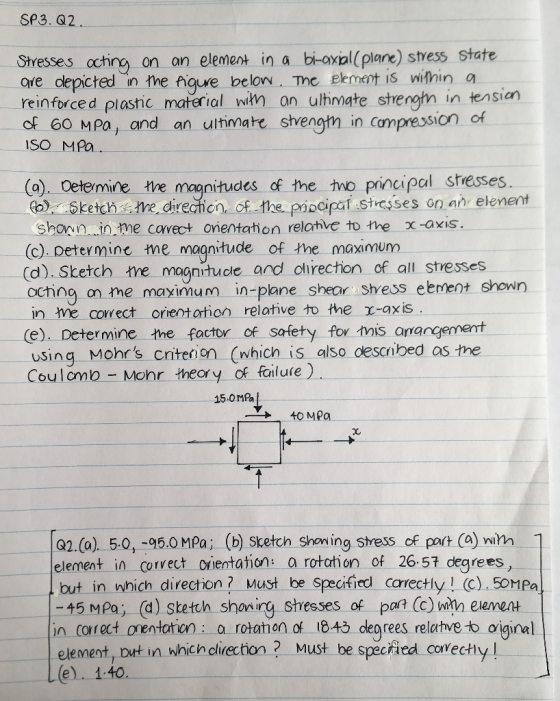 SP3. Q2 Stresses oching on on element in a bi-oxal( plane) stvess state ore clepicted in the fiqure below Tne element is wifh