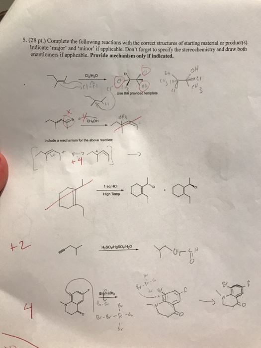 S. (28 pt.) Complete the following reactions with the correct structures of starting material or product(s). Indicate major