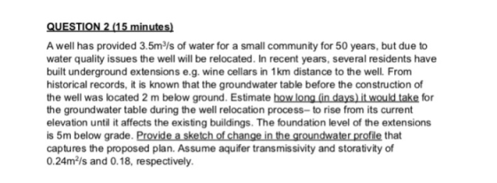 QUESTION 2(15 minutes) A well has provided 3.5m3/s of water for a small community for 50 years, but due to water quality issu