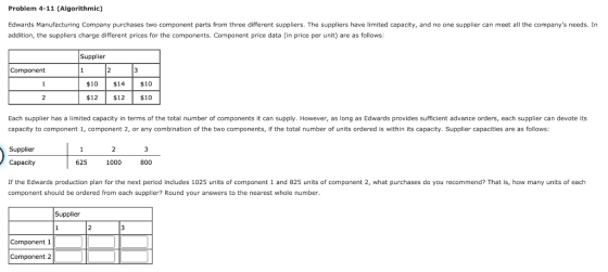 Problem 4-11 (Algorithmic) Edwards Manufacturing Company purchases two component parts from three different suppliers. The su