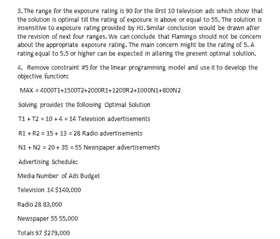 3. The range for the exposure rating is 90 for the first 10 television ads which show that the solution is optimal till the r