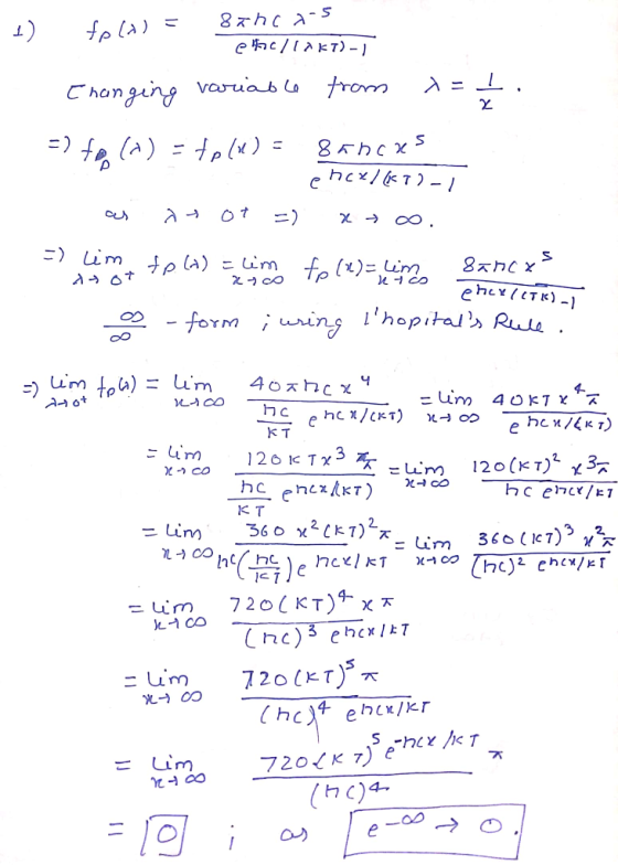e c/kT) -) trom Chonging vawuab ls E) Lim fe(x) Lim ehexTK)1 - formuing hopitals Rul um 407hc x zum 4OK7 V 7 h c e hc /cKT