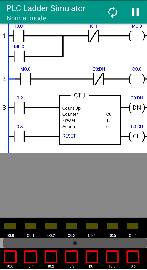 PLC Ladder Simulator I Normal mode 0.0 10.1 MO.0 M0.0 M0.0 CO:DN 00.0 2 CTU 10.2 CO:DN 3 DN Count Up Counter Preset Accum CO