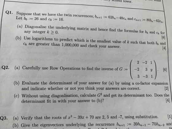 y Suurěd lower Q1. Suppose that we have the twin recurrences;, bn+1 62b-48cn and cnt8b,-6m Let bo: 26 and co 16. (a) Diagonal