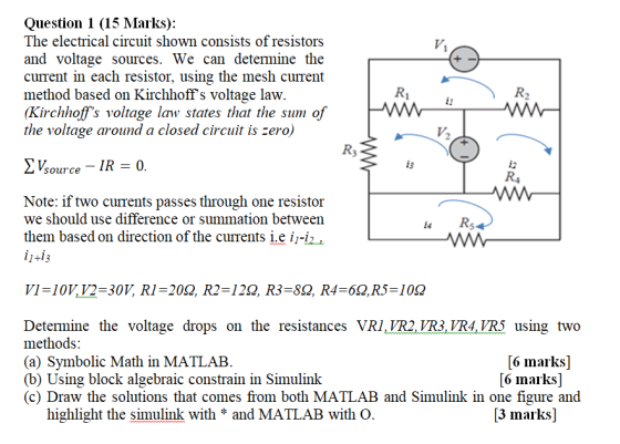 Question 1 (15 Marks): The electrical circuit shown consists of resistors and voltage sources. We can determine the current i