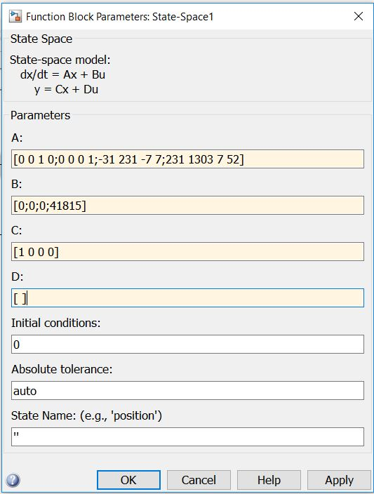 Function Block Parameters: State-Space1 State Space State-space model: dx/dt Ax Bu Parameters A: [00 1 0:000 1;-31 231-77;231