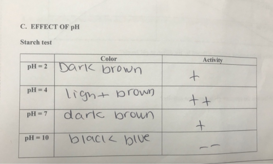 C. EFFECT OF pH Starch test Color Activity pH-2 Dark brown pH 4 p darlc brou) H 10