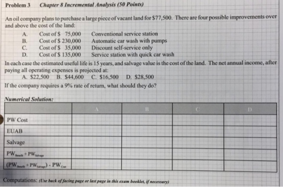 Chapter 8 Incremental Analysis (50 Points Problem 3 An oilcompany plans to purchase a large piee of vacant land for $77,500.