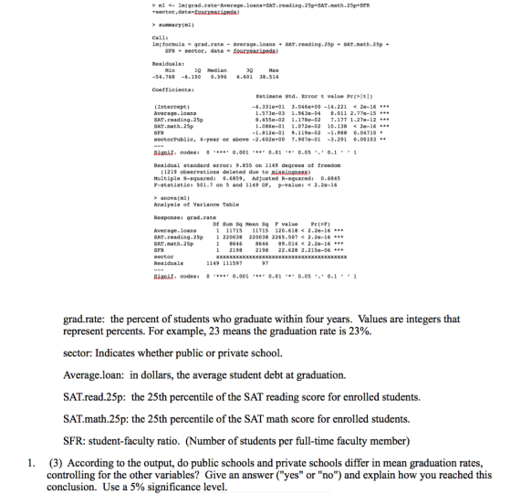 > ml < lm(grad.rate-Average.loans+SAT.reading.25p+SAT.math.25p+SFR +sector,data-ouryearipeda) summary (ml) Call: Im(formulagr