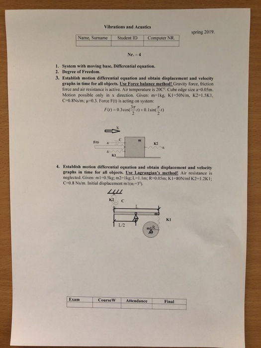 Vibrations and Acustics Name, SurnameStudent ID Computer NR Nr. -4 System with moving base, Differential equation. Degree of