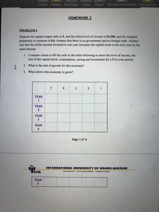 Insérer Tableau Graphique Texte Figure Données multimédias Commenta HOMEWORK 2 Suppose the capital-output ratio is 5, and the