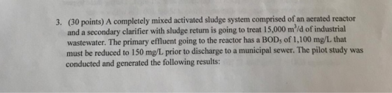 (30 points) A completely mixed activated sludge system comprised of an aerated reactor and a secondary clarifier with sludge