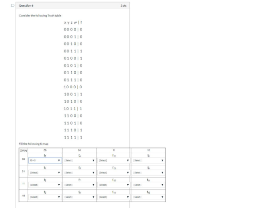 DI Question 6 2 pts Consider the following Truth table 000 0| 0 000 11 00 10| 0 00 1 11 0100|1 01 0 11 0 01 1 0 | 0 01 1 1| 0