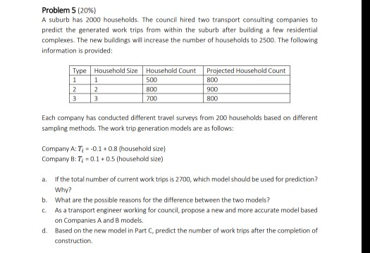Problem 5 (2096) A suburb has 2000 households. The council hired two transport consulting companies to predict the generated