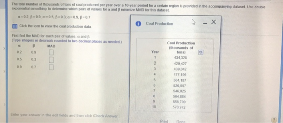 The total number of thousands of tons of coal produced per year over a 10-year period for a certain region is provided in the