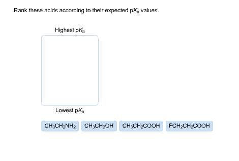 Image for Rank these acids according to their expected pKa values. Highest pKa Lowest pKa CH3CH2NH2 CH3CH2OH CHCH2