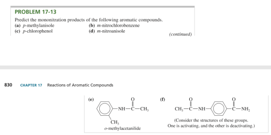 PROBLEM 17-13 Predict the mononitration products of the following aromatic compounds (a) p-methylanisole (c) p-chlorophenol (