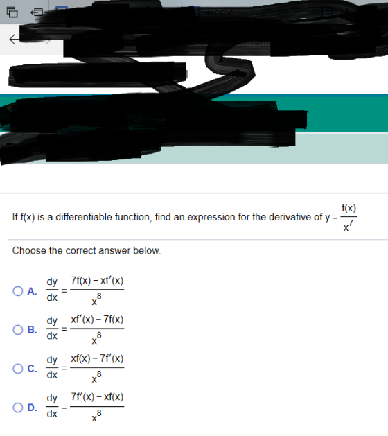 ame f(x) If f(x) is a differentiable function, find an expression for the derivative of y= X Choose the correct answer below