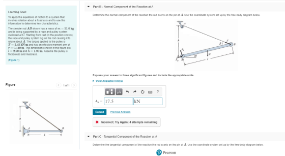 Part B - Normal Component of the Reaction at A Learning Goal: Determine the normal component of the reaction the rod exerts o