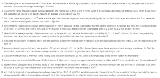 1. The headlights on an automobile are 125 cm apart. At what distance will the lights appear to be just resolvable to a perso