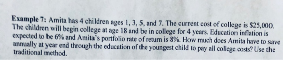 Example 7: Amita has 4 children ages 1, 3, 5, and 7. The current cost of college is $25,000. The children will begin college