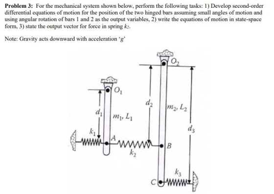 Problem 3: For the mechanical system shown below, perform the following tasks: 1) Develop second-order differential equations