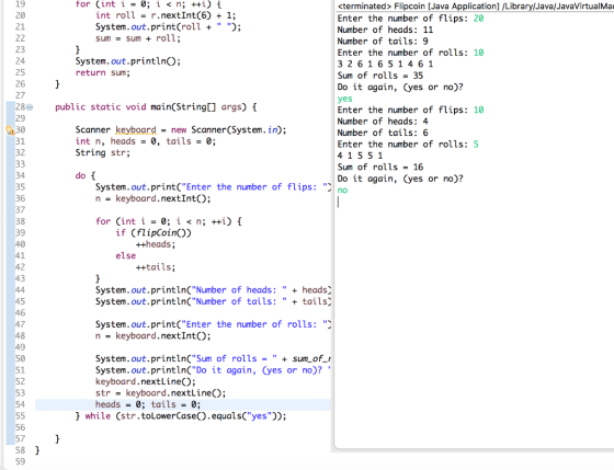 19 20 21 for Cint i-0; i< n; ++i)i <terminated> Flipcoin [Java Application] /Library/Java/JavaVirtualMac Enter the number of