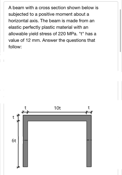 A beam with a cross section shown below is subjected to a positive moment about a horizontal axis. The beam is made from an e
