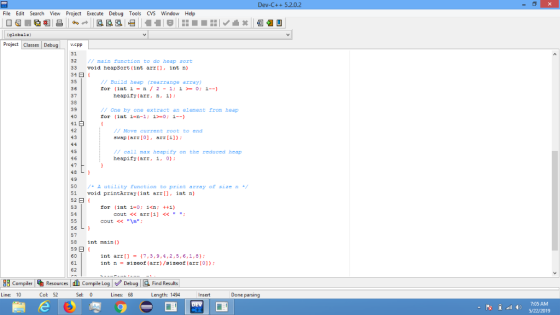 File Edit Search View Project Execute Debug Tools CVS Window Help globala) Project Classes V.cpp 31 32 / main function to do