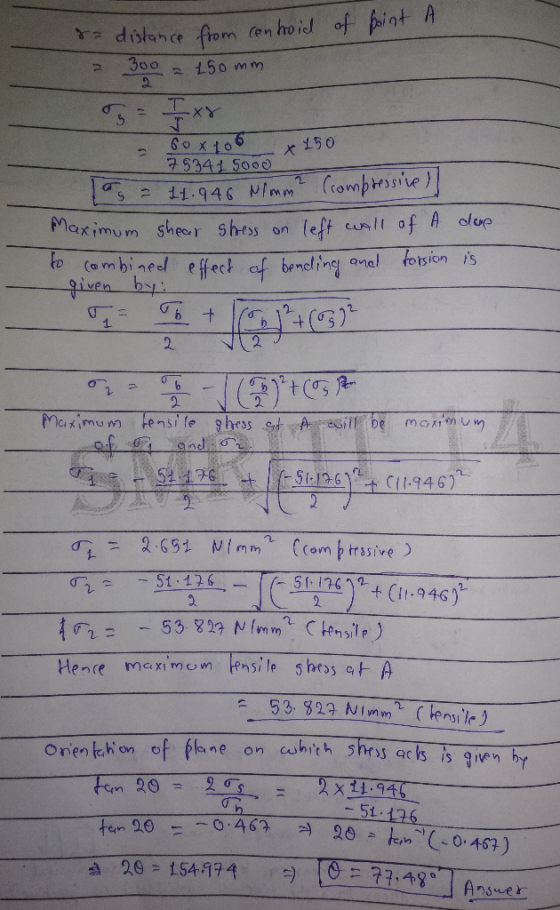 fpint A of ren ho iel r distance from 300 150 mm 工xY 75341 500 Crompressine of A 14.946 NImm left Maximum sheor shes on torsi