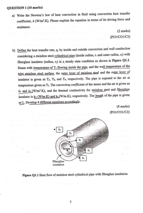 QUESTION 1 (10 marks) a) Write the Newtons law of heat convection in fluid using convection heat transfer coefficient, h (Wm