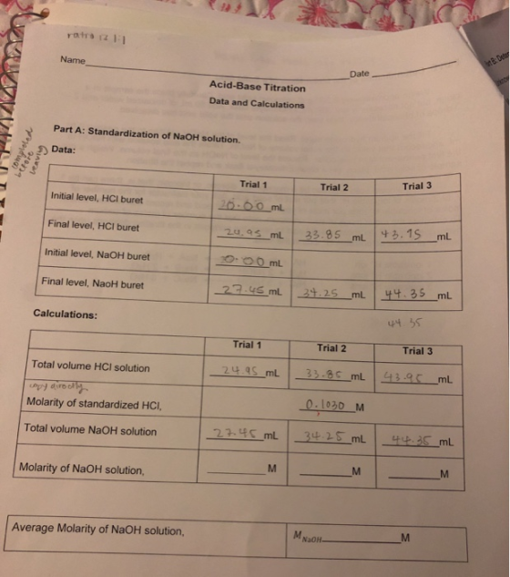 ratra 1z 1 t B: Detes Name Date inoe Acid-Base Titration Data and Calculations Part A: Standardization of NaOH solution, Data