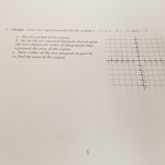 2 (1o pts) Gven the region bounded hy the graphs x -yo, and y 2 a Sketch a graph of the region. b. Set up the nvo iterated in