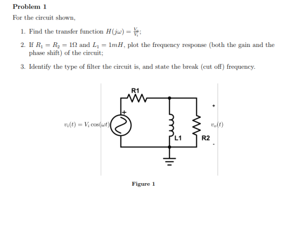 the circuit shown, 1. Find the transfer function H(jw) 2. If R R2 12 and L1mH, plot the frequency response (both the gain and
