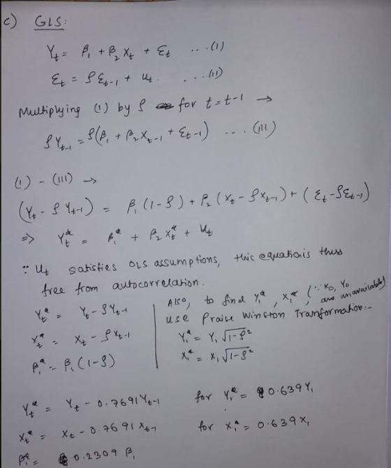 e GLS i) for tst-1 → Multiplying (i ) by e (iu iii) → u satstes ous ausump tons, Hic equahois ths frea from autocorrelaion Yo