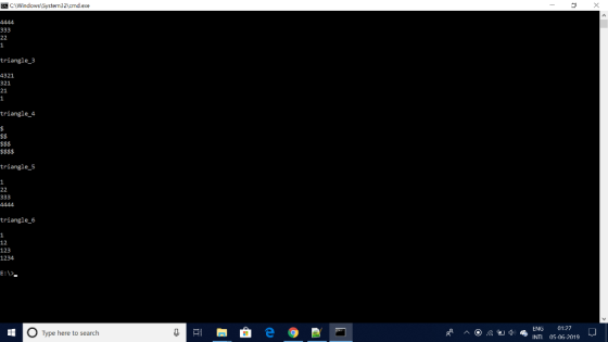 CCAWindows System32cmd.exe 4444 1 triangle_3 4321 321 21 1 triangle_4 $$ $$$$ triangle_5 333 4444 triangle_6 1 12 123 1234 E: