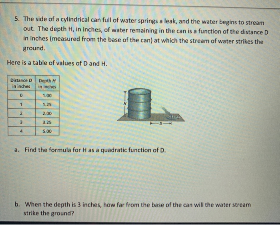 5. The side of a cylindrical can full of water springs a leak, and the water begins to stream out. The depth H, in inches, of