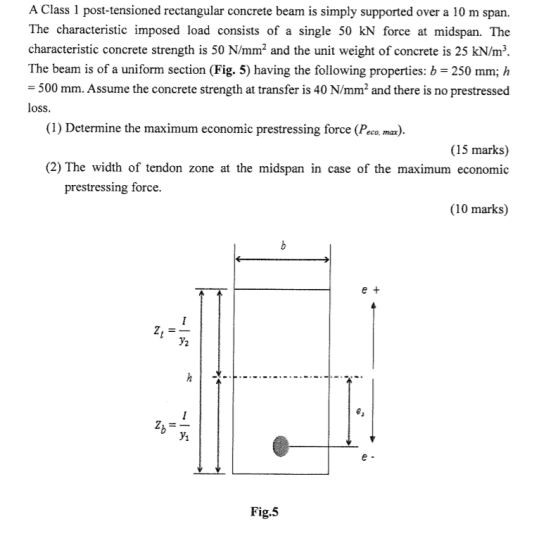 A Class 1 post-tensioned rectangular concrete beam is simply supported over a 10 m span. The characteristic imposed load cons