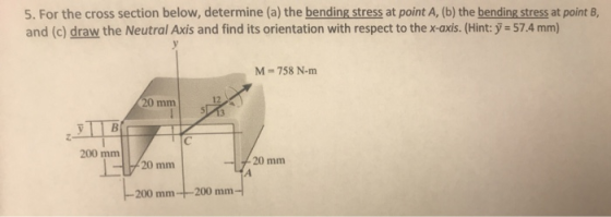 5. For the cross section below, determine (a) the bending stress at point A, (b) the bending stress at point B, and (c) draw