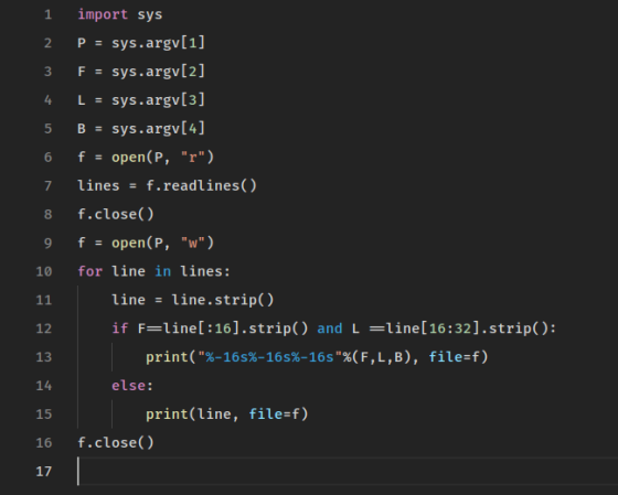 import sys 1 P = sys.argv[1] F = sys.argv[2] L sys.argv[3] 4 sys.argv[4] 5 B = f = open(P, r) f.readlines(). lines 7 f.clos