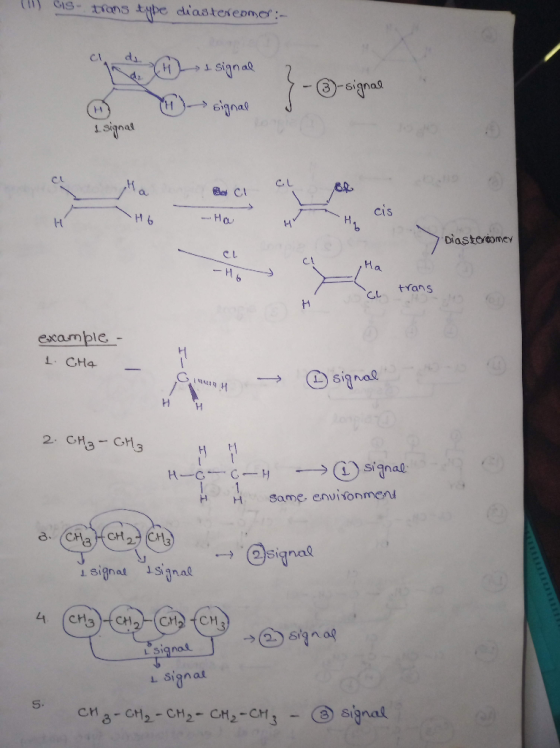 ) GiS- trans type diasteKeomer:- Cl -ignas 3 signat 1signat Be C cis H1 Ha 1-1 Diastorcomev Ha trans escample 1CH4 signal 2 C