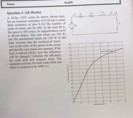 RedID: Name: Question 3. (18 Marks) A 10-hp, 130V, series dc motor, shown here, has an armature resistance of 0.1 Ω and a ser