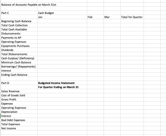 Balance of Accounts Payable on March 31st Cash Budget Part C Total for Quarter Feb Mar Jan Beginning Cash Balance Total Cash