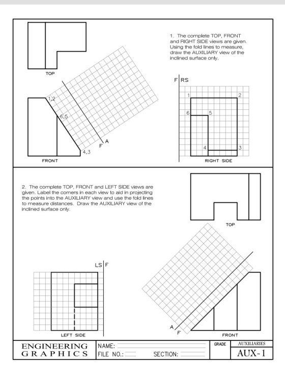 1. The complete TOP, FRONT and RIGHT SIDE views are given. Using the fold lines to measure, draw the AUXILIARY view of the in