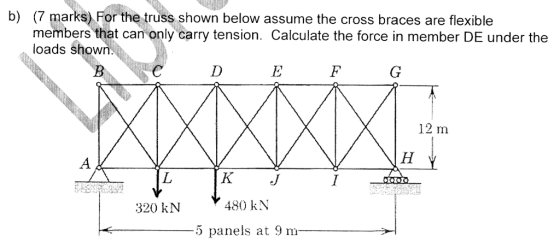 b) (7 marks) For the truss shown below assume the cross braces are flexible members that can only carry tension. Calculate th
