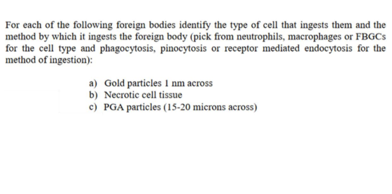 For each of the following foreign bodies identify the type of cell that ingests them and the method by which it ingests the f