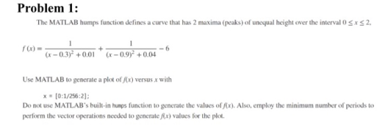 Problem 1: The MATLAB humps function defines a curve that has 2 maxima (peaks) of unequal height over the interval 0 2, f(x)