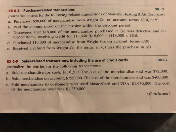 OBJ 2 EX 6 8 Purchase related Transactions Ournalize Entries For The 